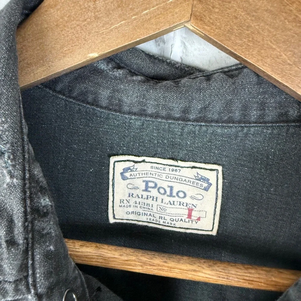 Polo Ralph Lauren Mens Distressed Western Shirt Black Cotton Linen Snap LARGE